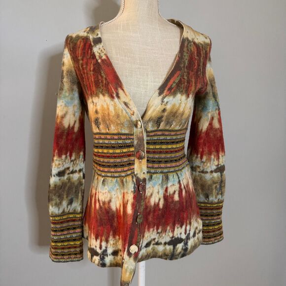 HWR Anthropologie Wool‎ Aztec Tie-Dye Cardigan Sweater Size Medium - Picture 1 of 6